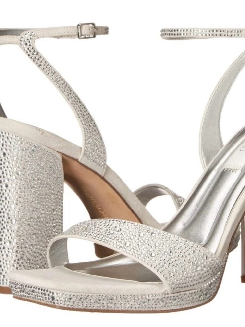 Franco Sarto women’s L-Daffy ankle strap heeled sandals metallic silver w stones